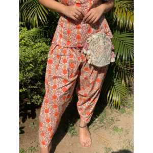 Conjunto de Dhoti de Algodón con Estampado de Bloques Naranja, Talla XS - Product Image 1