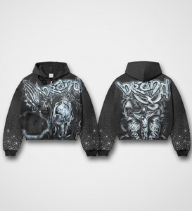 Sudadera con capucha gótica personalizada con cremallera y pedrería, premium, oversize, estilo dark art, streetwear, gráfico, de alto gramaje, marca privada, fabricante OEM - Product Image 1