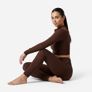 <b>Women</b> Ribbed <b>Quarter</b>-<b>Zip</b> Crop Top High Waist Full Length Leggings 2 Piece Yoga Set Solid Color Activewear Workout Wear - Product Image 5