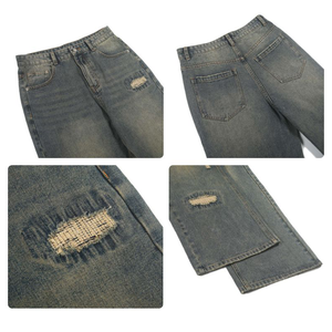Jeans baggy droits personnalisés pour hommes, style streetwear, en denim de coton délavé foncé, effet usé, vintage et tendance - Product Image 3