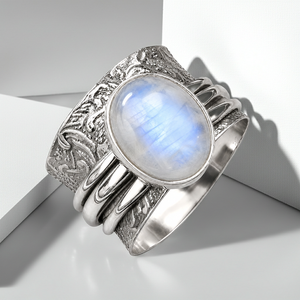 Natural Rainbow Moonstone <b>Ring</b> Vintage Wide Band Silver Plated Bohemian Jewelry for unisex - Product Image 4