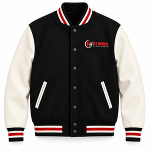 <b>Fly</b> Humble <b>Men's</b> Varsity <b>Jacket</b> Black White Red Stripe Sleeve Logo Patch Style Turn-down Collar Single Button wholesale - Product Image 1
