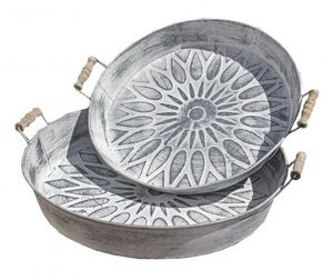 Plateaux de service ronds en métal gaufré avec poignées, lot de 2, en fer galvanisé gris, design vintage, décoration de cuisine durable - Product Image 2