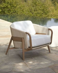 Fauteuil de jardin d'extérieur en tissu rembourré avec structure en bois, siège de salon coussiné, chaise longue pour terrasse et bord de piscine - Product Image 1