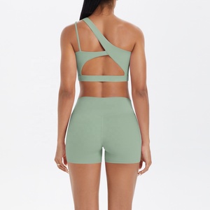 Custom 2026 Seamless One-Shoulder <b>Crop</b> <b>Top</b> High Waist Shorts 2 Piece Yoga Set Asymmetric Solid Green Activewear - Product Image 2