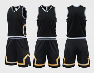 ชุดเสื้อบาสเก็ตบอล Victory Custom สีดำขอบทอง คอวี แขนกุด ผ้าตาข่ายระบายอากาศ โพลีเอสเตอร์ 100% สำหรับเล่นกีฬาทุกฤดู - Product Image 1