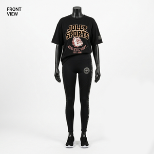 เสื้อยืดโอเวอร์ไซส์ผ้าฝ้าย 240 GSM สำหรับผู้หญิง กางเกงเลกกิ้งยางยืดสีเบจ พิมพ์ลายพัฟฟ์  รับสกรีนโลโก้ตามแบบ ชุดเซ็ตสำหรับผู้หญิง - Product Image 2