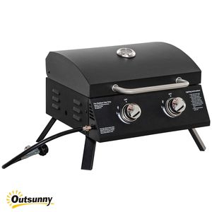 Griglia a Gas Propano Portatile a 2 Bruciatori con Gambe Pieghevoli e Termometro sul Coperchio, BBQ da Tavolo Nero per Campeggio - Product Image 1
