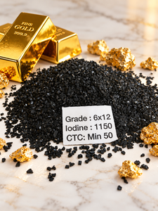 Charbon actif en coque de noix de coco noire CIP/CIL/CIC 6x12 Mesh, adsorbant 1100-1150 Mg/g, sacs PP de 25 kg, Vitronexa Carbon Gold Recovery - Product Image 1