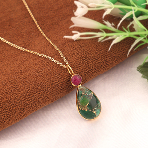 Minimalist gemstone <b>necklace</b> mohave <b>ruby</b> with emerald copper turquoise double stone pendant 18k gold plated bezel set <b>necklace</b> - Product Image 3