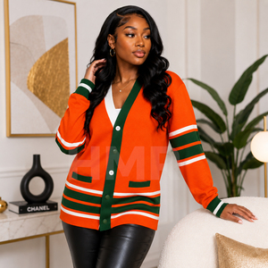 HMR Cardigans pour femmes en acrylique, vente chaude automne-hiver, tricot de haute qualité, manches longues, pull décontracté, cardigans orange et vert - Product Image 4
