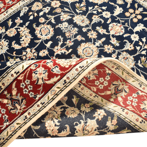 Tapis d'intérieur en laine noué à la main, bleu marine et rouge, à motifs floraux multiples, à poils ras, sur mesure - Product Image 3