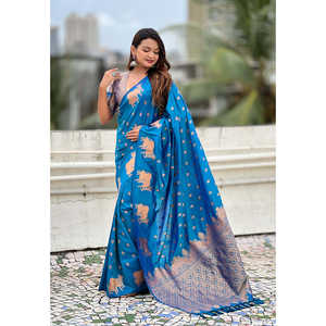 ผ้าซารีทอสีน้ำเงินรามา ลายเอลีทวีฟส์ ดูอัล ซาเร่ พร้อมขอบผ้าแนนดี ผ้าไหมเนื้อนุ่ม 700 กรัม สำหรับชุดคลับ - Product Image 1