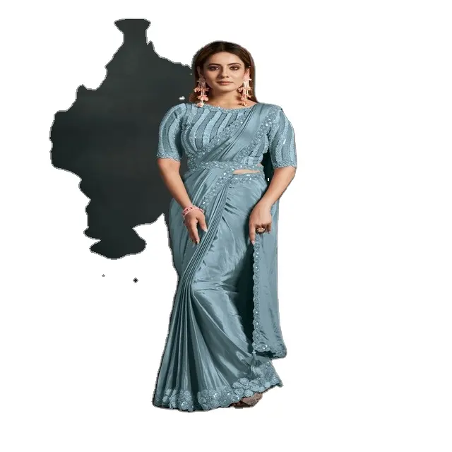 독점 컬렉션 출시 파티 웨어 디자이너 실크 크레이프 조젯 사리 | 인도에서 여성복 사리 제조 |