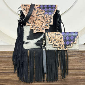 Sac bandoulière en cuir de vachette véritable fait main avec franges et motif à carreaux, assorti à une pochette pour femme, élégant sac à main – Collection March Expo - Product Image 4