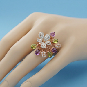 Nuevo Anillo de Moda en Oro Rosa con Diseño de Rejilla Redonda, Gema Azul y Centro Floral de Perla Blanca - Elegante Regalo para Bodas y Aniversarios - Product Image 1