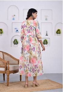 Robe plissée à col rond et manches longues lanternes, boutonnage simple, taille ajustée, imprimé unique, qualité supérieure, modèle 2026, meilleur prix toujours - Product Image 4