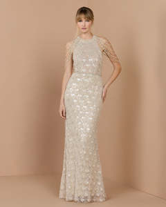 Robe de soirée longue en satin non extensible, coupe trapèze, col montant, asymétrique à une épaule, ornée de perles et brodée, couleur champagne, pour l'été - Product Image 6