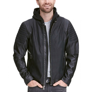 Veste en cuir pour homme noire à capuche, veste en cuir personnalisée, meilleures vestes en cuir d'agneau originales et design. - Product Image 5
