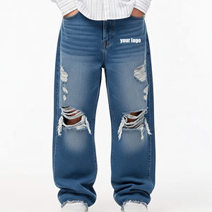 Pantalon en jean bleu clair 100 % coton épais 14 oz, coupe droite, déchiré, respirant, prix de gros abordable - Product Image 1