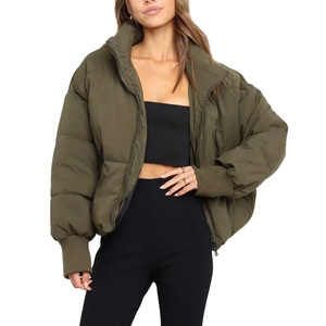Winter Women's Quilted Puffer <b>Jacket</b> Stand Collar Full <b>Sleeve</b> Thick Padding <b>Short</b> Length Solid Color Zipper Closure Outerwear - Product Image 1