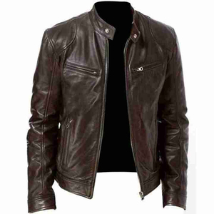 New Style Men's Brown PU Leather <b>Jacket</b> <b>Slim</b> <b>Fit</b> Stand Collar Zipper Closure Autumn Style Solid Color Regular Length - Product Image 4