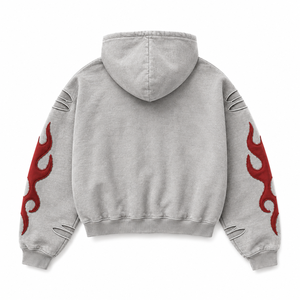 Sweat à capuche Wida Sports gris hiver surdimensionné avec fermeture éclair intégrale, respirant, avec applique flamme rouge et poches cloutées, streetwear unisexe en polaire - Product Image 2