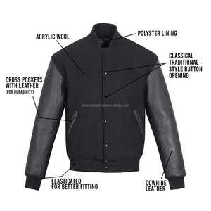 Veste universitaire en laine et cuir de haute qualité pour homme, manches rétro, broderie personnalisée, style Letterman, fermeture éclair, décontractée, polaire, coupe-vent - Product Image 2