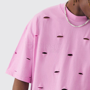 เสื้อยืดแขนสั้นสีชมพูทรงโอเวอร์ไซส์สำหรับผู้ชาย สีพื้น สไตล์สตรีท คอกลม ผ้าถัก 100% คอตตอน แห้งเร็ว ใส่สบาย - Product Image 5