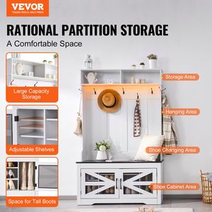 Appendiabiti a LED con panca per ingresso, mobiletto scarpiera da 42 pollici, seduta contenitore per mudroom, ripiani regolabili e appendiabiti sopra la porta - Product Image 2