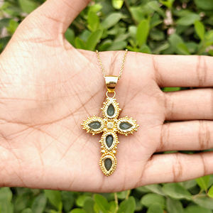 Joyería antigua de calcedonia acuamarina, colgante de cruz crucifijo chapado en oro de 18k, collar con cuentas de latón macizo, joyería religiosa de diseño. - Product Image 6