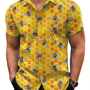 Chemise décontractée d'été pour homme, 300 grammes, respirante, anti-boulochage, en tissu satiné, à manches courtes, motif abeilles imprimé - Product Image 1