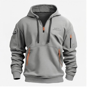 North Approach Men's Gray Quarter <b>Zip</b> Hoodie with <b>Front</b> Pockets and Orange Zippers Regular Fit Casual Sweatshirt Autumn Wear - Product Image 1