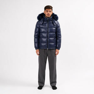 <b>Men's</b> Navy Blue <b>Hooded</b> Puffer Jacket with <b>Fur</b> Trim Windproof Breathable Down Filled Zipper Front Casual Winter <b>Coat</b> Loose - Product Image 1