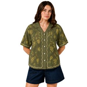 Camisa de Manga Corta con Estampado Floral Verde Oliva para Mujer, Blusa Informal de Verano de Algodón con Cuello y Botones, Tops de Moda Personalizados OEM - Product Image 1