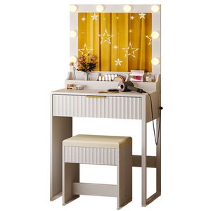 Set Toeletta Trucco con Luci a 8 Colori, in Truciolato Bianco, con 3 Scomparti, 1 Cassetto e Griglia Porta Prese - Product Image 2