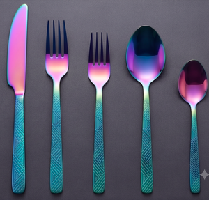 Juego de cubiertos holográficos Prism Rainbow con mangos grabados con efecto prisma en acero inoxidable para mesas de hotel, restaurantes y salones de catering. - Product Image 1