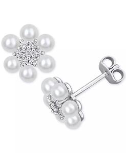 Perle d'eau douce de culture (3-3-1/2mm) et saphir blanc créé en laboratoire (1/3 ct. T. W.) Boucles d'oreilles en argent sterling avec grappe de fleurs - Product Image 3