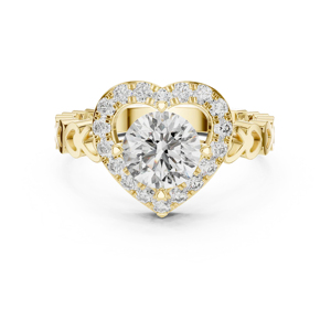 Anillo de compromiso de oro amarillo con diamantes y banda con diseño de corazón, corte brillante redondo, montura de puntas, estilo romántico para mujer - Product Image 1