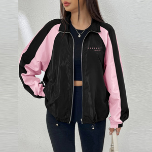 Chaqueta Cortavientos PERFECT INDUSTRY para Mujer, Invierno, Bloques de Color Negro y Rosa, Hombros Caídos, Cierre de Cremallera, 100% Poliéster - Product Image 3