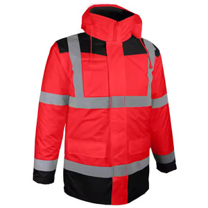 Men's <b>Red</b> Reflective Safety Hooded Puffer <b>Jacket</b> <b>Waterproof</b> Winter Workwear Coat with Silver Stripes and Zipper Closure - Product Image 1