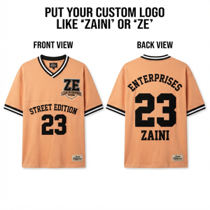 เสื้อฟุตบอลอเมริกันชาย ผ้าโพลีเอสเตอร์ตาข่าย 180 GSM สีพีชดำ คอวี แต่งขอบยางลายทาง ปักลายทวิล ปักโลโก้ตามสั่ง - Product Image 1
