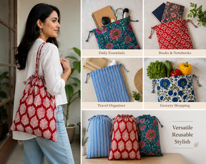 Premium Handmade Cotton Potli Bag <b>Drawstring</b> <b>Pouch</b> Indian Block Print Eco Friendly Gift Packaging Storage Organizer - Product Image 3