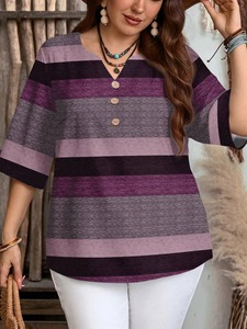 Camiseta Polo para Mujer, a Rayas, Manga Tres Cuartos, Tejida, Informal, Holgada, con Estampado Multicolor, Transpirable, de Poliéster - Product Image 5