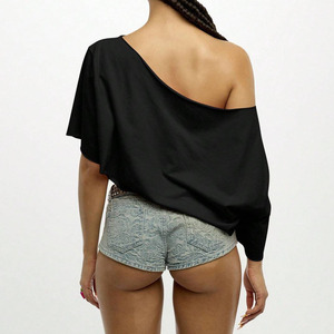 Casual Ladies One Shoulder Crop <b>Top</b> Asymmetric Solid Color Loose Fit Short Sleeve Jersey Cotton Summer Streetwear Women T-Shirt - Product Image 2
