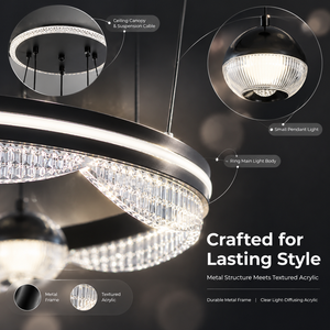 Lustre moderne en métal noir et acrylique avec anneau LED 76W et trois températures de couleur pour salon et salle à manger - Product Image 4