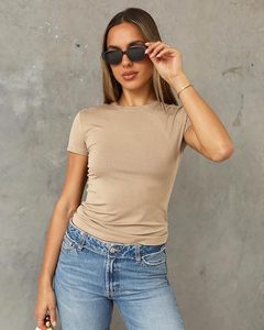 Camiseta de Mujer, Cuello Redondo, Manga Corta, Corte Ajustado, Algodón Jersey, Color Beige, Informal, Transpirable, Primavera/Verano - Product Image 4