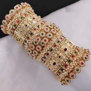 Openable <b>Bangles</b> <b>Set</b> with Gold-Plated Pota Stone and Pearls 10573838 Pearl Bracelets - Product Image 2