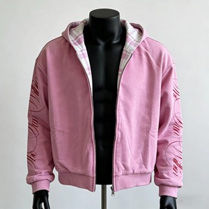 Custom Acid Washed Double Layer Heavyweight Boxy Distressed Embroidered <b>Flannel</b> <b>Jacket</b> Plaid Reversible Zip up Hoodie for Men - Product Image 3