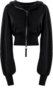 Sweat à capuche court de luxe personnalisé pour femme en coton épais, style streetwear, avec manches bouffantes audacieuses et fermeture éclair bidirectionnelle - Product Image 5